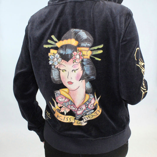 Vintage Y2k Ed Hardy Velour Kiss Of Death Hoodie by Christian Audigier Genuine EH