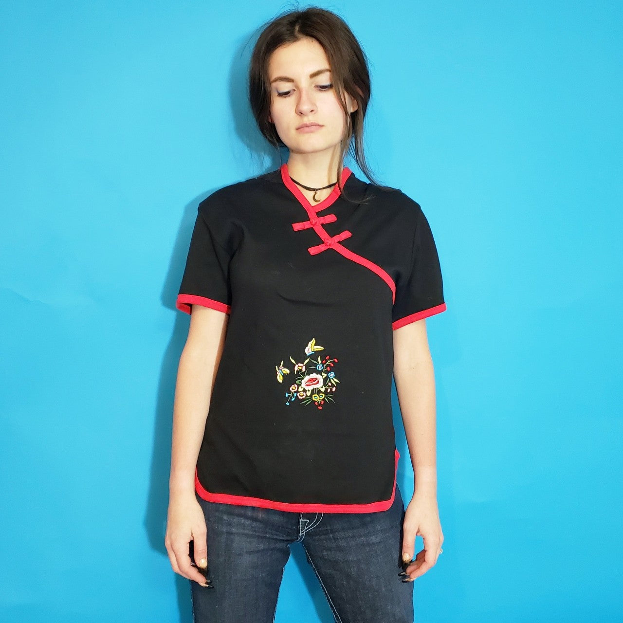 Embroidered Cheongsam Style Collared Tshirt