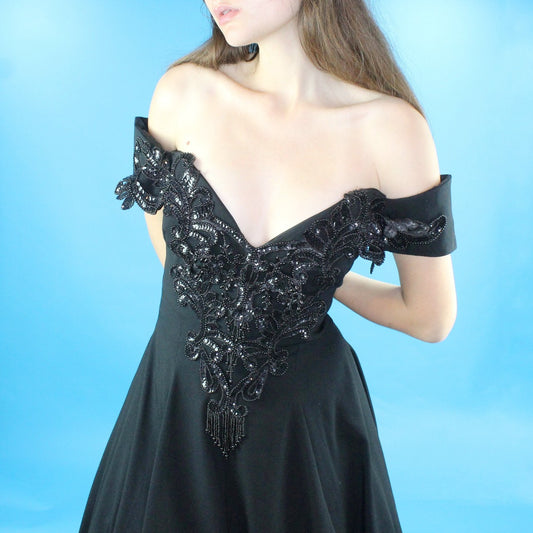 Vintage 80's Off The Shoulder Beaded Party Dress