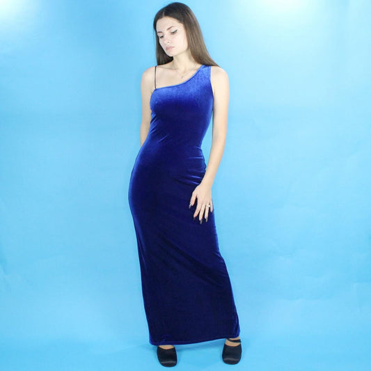 Vintage 90s Blue One Shoulder Velvet Maxi Dress from Jump Apparel Co. by Wendye Chaitin