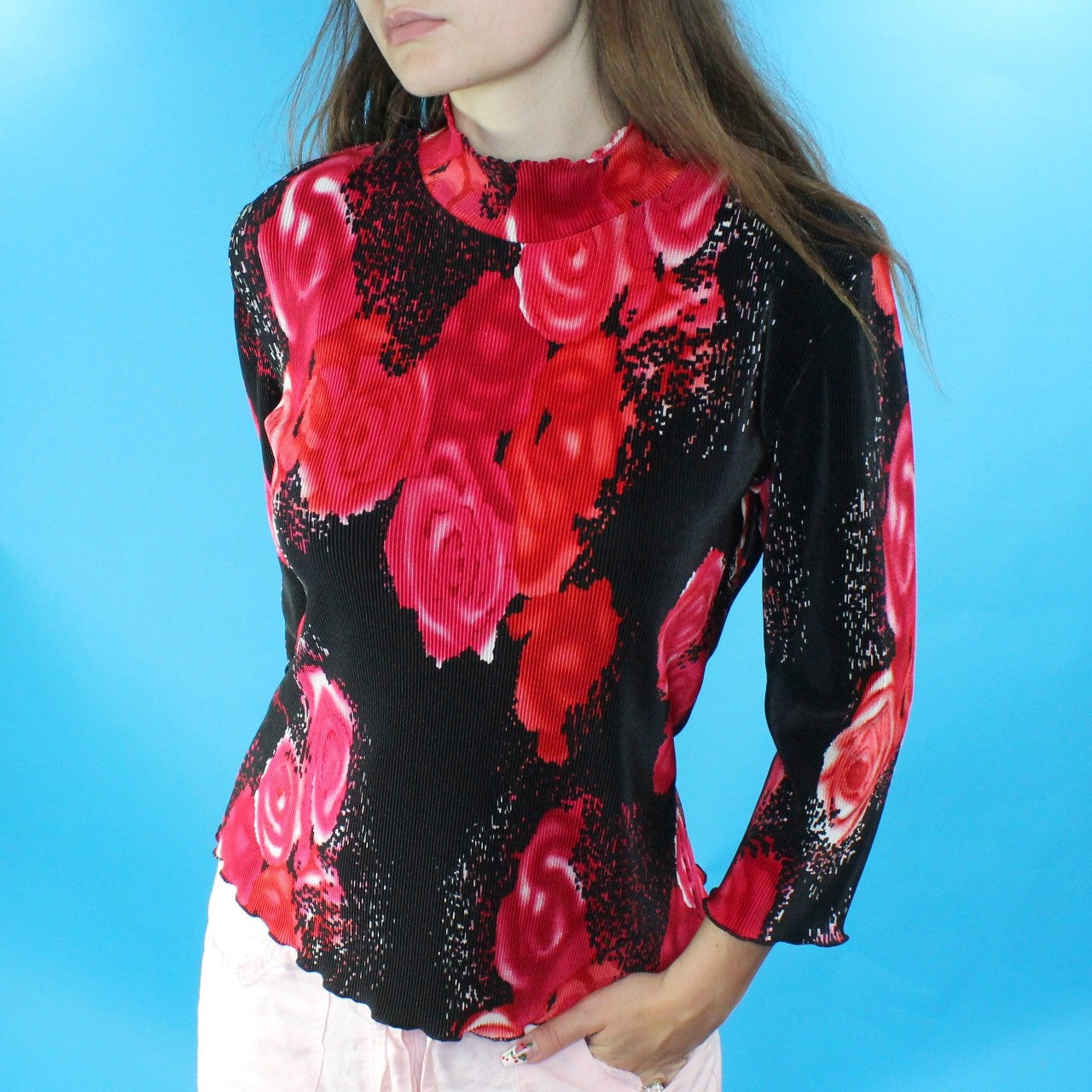 Vintage 90s Graphic Art Printed Rose Top by Fashion Bug