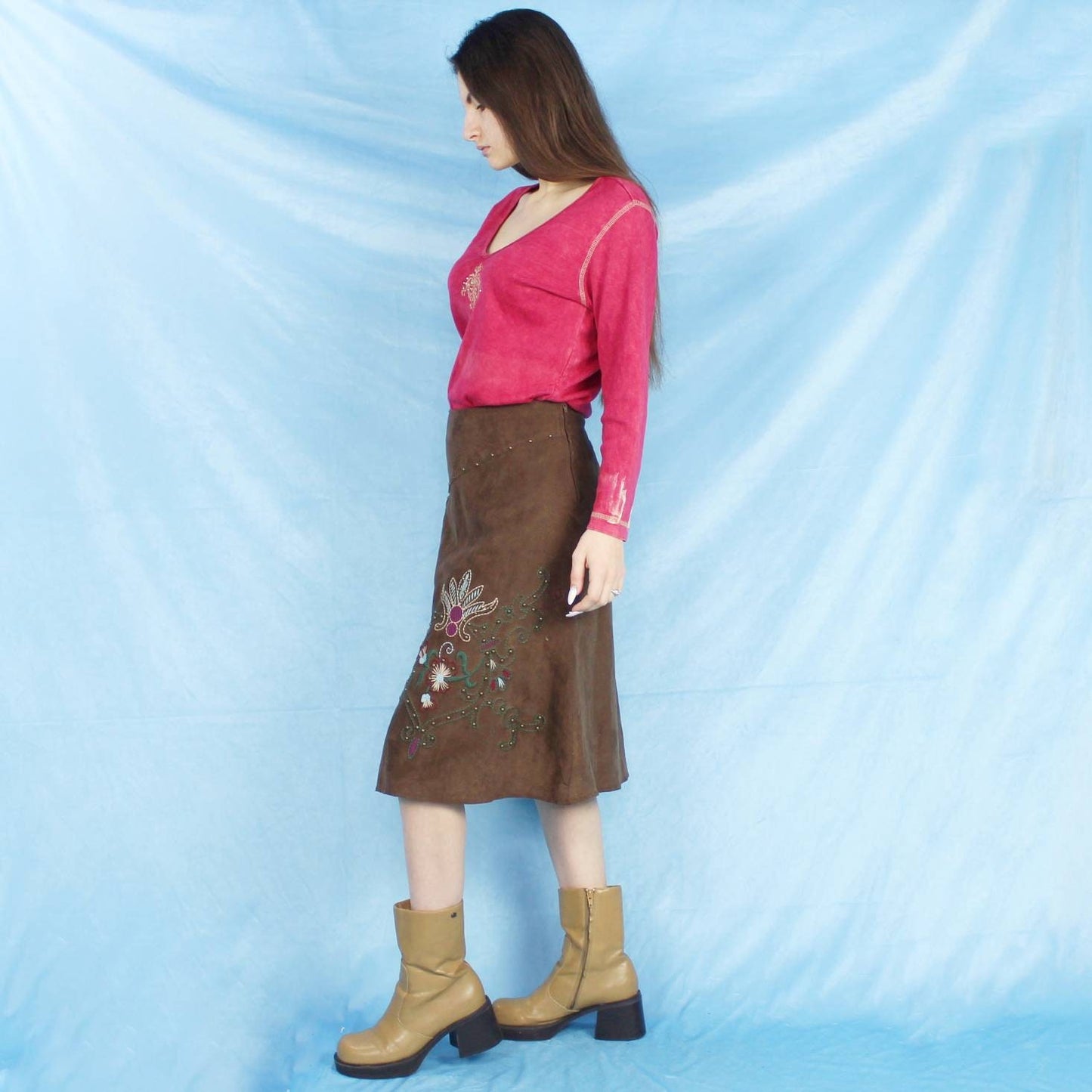 Renuar Vintage Y2k faux Suede embroidered skirt