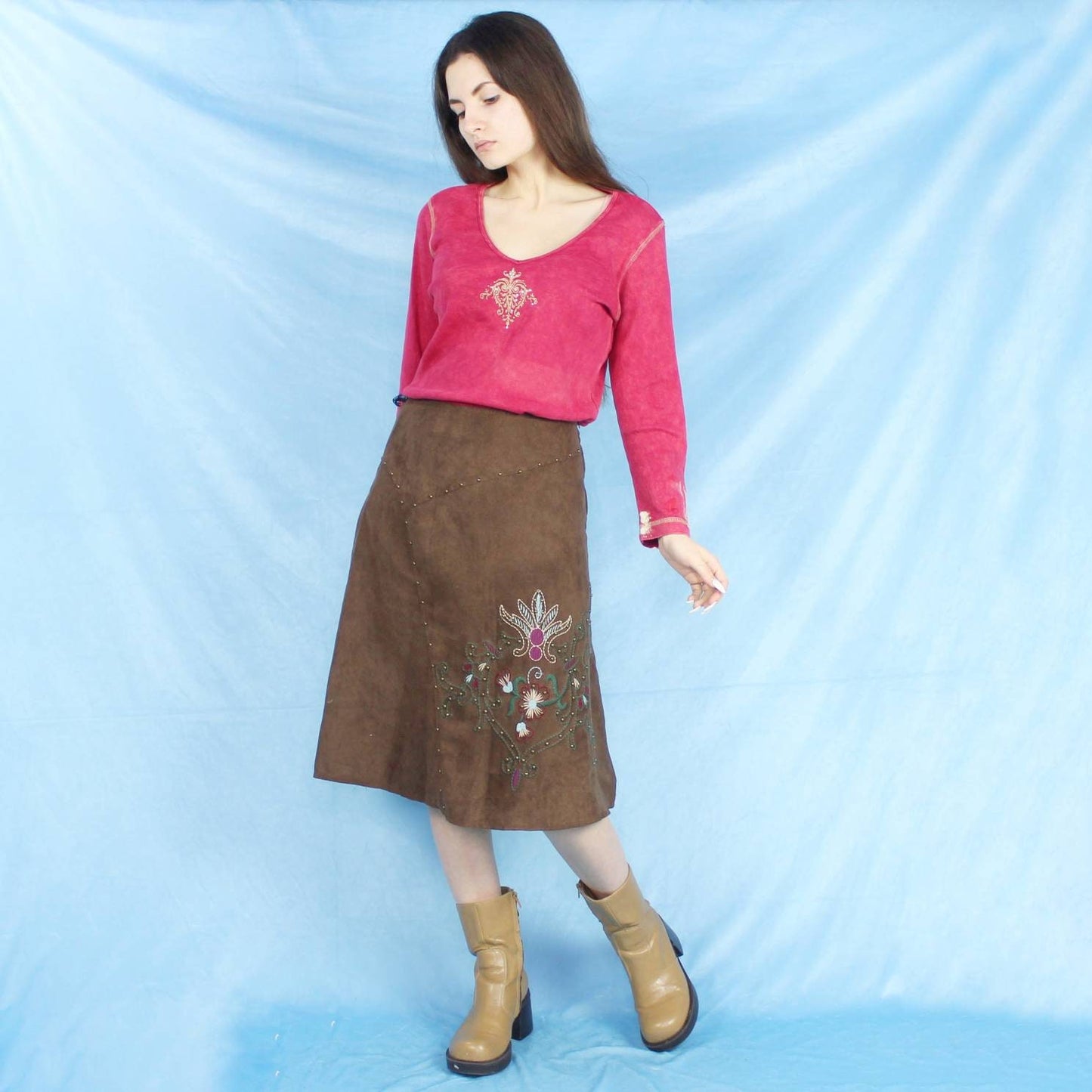 Renuar Vintage Y2k faux Suede embroidered skirt
