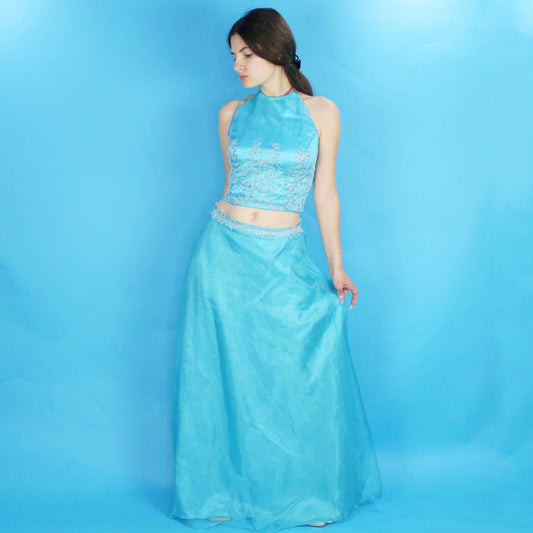 Vintage Y2k 2 Piece Corset Prom Dress Aqua Blue silver Lace up A Line Crop top Blondie Nites Set