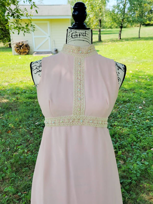 Vintage 60s Maxi Dress Pastel Pink Pearly Kawaii Lolita Prom Formal