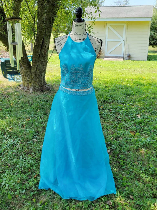 Vintage Y2k 2 Piece Corset Prom Dress Aqua Blue silver Lace up A Line Crop top Blondie Nites Set