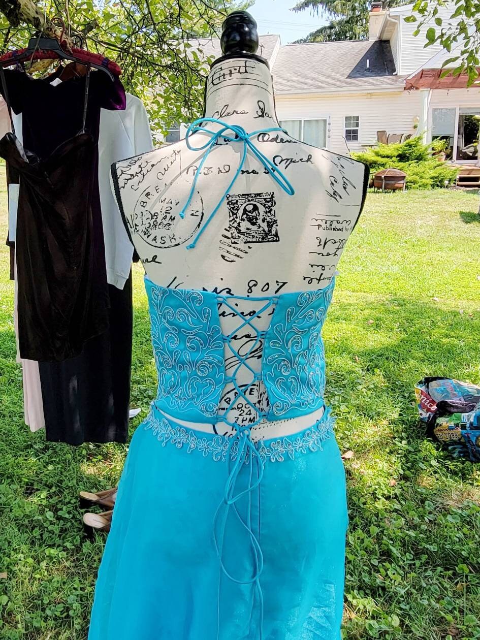 y2k prom dress Vintage Y2k 2 Piece Corset Prom Dress Aqua Blue silver Lace up A Line – Odd Faery