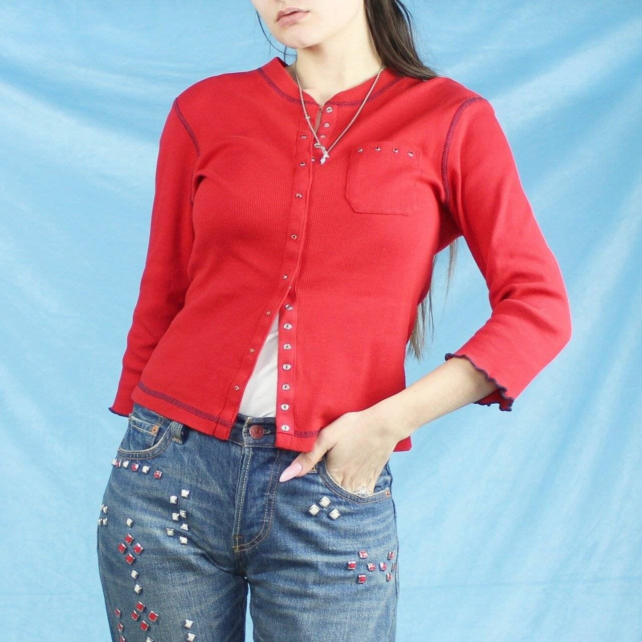 Vintage 90s Shirt/snap up cardigan Red Lettuce Hem top by Clio