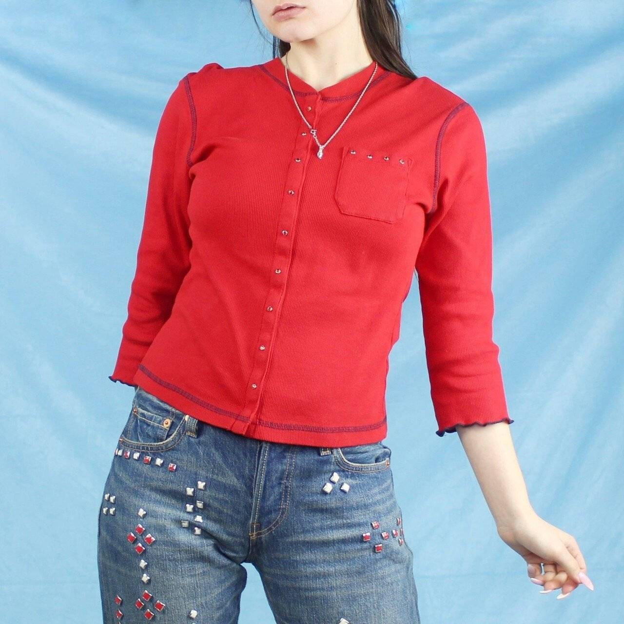 Vintage 90s Shirt/snap up cardigan Red Lettuce Hem top by Clio